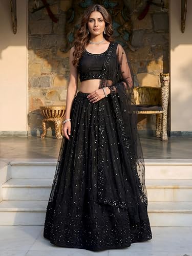 Zeel Clothing Women's Resham & Zari Embroidered Net Lehenga Choli with Dupatta (5056-Black-Women-Lehenga-Choli-Set; Free Size)