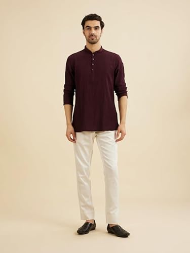 Manyavar Men's Spandex Textured Short Kurta (Wine,L)