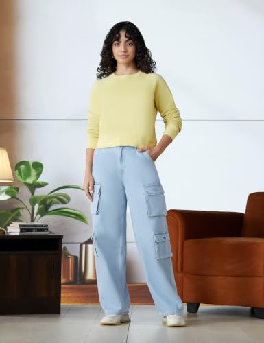 Women Blue High Waist Straight Fit Cargo Jeans
