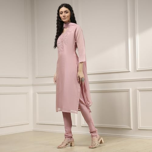 Biba Women Dusky Pink Chanderi Applique Unstitched Suit Set_FREE SIZE