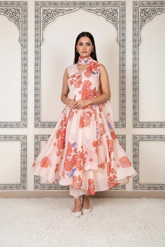 W for Woman Peach Floral Printed Chanderi Flared Kurta with Straight Pant and Dupatta Set (WS12803-125939-XL)