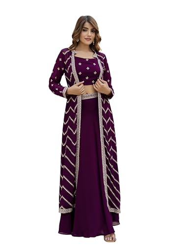 TRENDMALLS Women's Georgette Sequin Embroidery Crop Top Lehenga with Shrug Suit Set (G276-Purple-XL-)