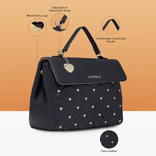 Caprese Cheryl Satchel Bag, Large | Stylish Quilted Handbag for Women with Multiple Compartments & Adjustable & Detachable Sling Strap, Secure Zip Closure| Perfect for Casual & Daily Essential (Black)