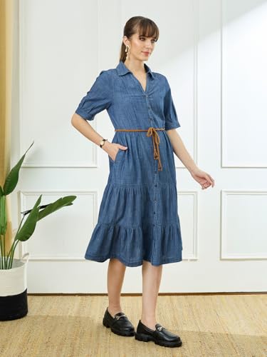Latin Quarters Women's Blue Half Sleeves Collar Neck Casual Solid Dress_L