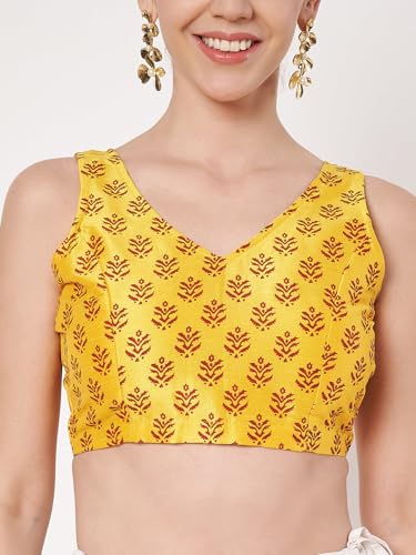 studio rasa Women's Dupion Hand Block Printed Blouse for Wedding Festive Party (TPWC62555XL_Yellow_X-Large)