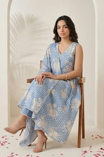 W for Woman Blue Floral Printed Lace Chanderi Sleeveless A-line Kurta with Straight Pants and Dupatta Set - (WS14081-127218-XL)