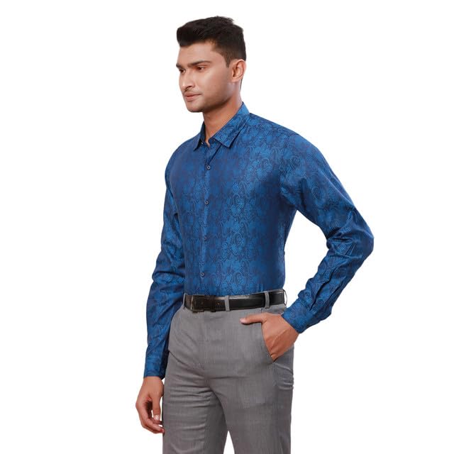 Raymond Men's Slim Fit Jacquard Pattern Pure Cotton Semi Cutaway Collar Long Sleeve Dark Petrol Casual Shirt Blue