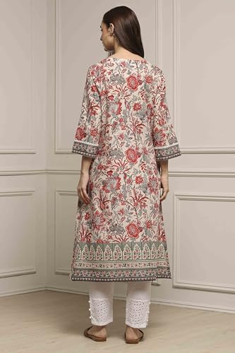 Biba Women Off White Cotton Straight Printed Kurta_42