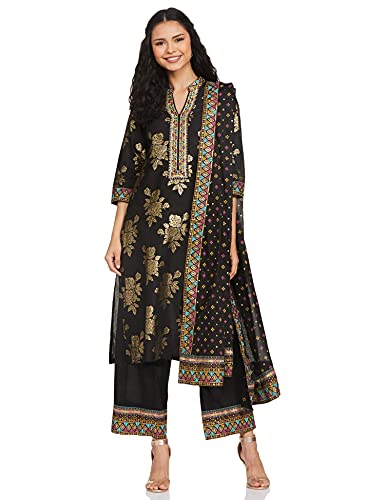 BIBA Women Cotton Printed Straight Salwar Kurta Dupatta(Skdbandhej 7509_Black_36)
