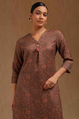 Soch Womens Earth Rayon Botanical Print Kurta with Tassels