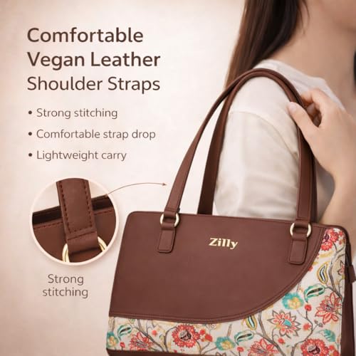 Zilly Women’s Office Essential Tote Bag |Handcrafted Vegan Leather | Elegant Work & Laptop Shoulder Bag | Malligai Blossom pattern