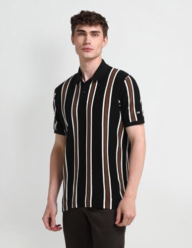 Arrow Sports Men's Black Striped Collared Neck Half Sleeve Casual Cotton Regular Fit T-Shirts (ASAITS3315_Black_3XL)