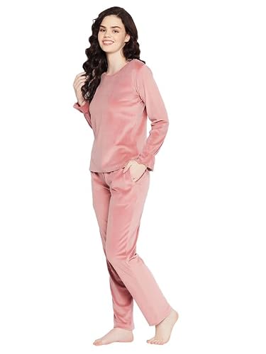 Clovia Women's Velour Solid Top & Pyjama Set (LSW682R22_Pink_M)