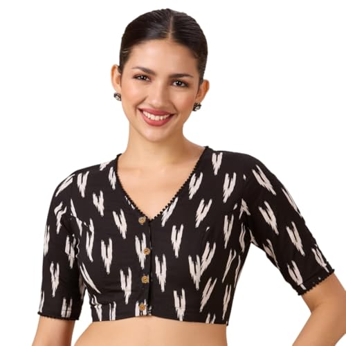 Studio Shringaar Women's Readymade Black Cotton Block Printed Elbow Length Sleeves Saree Blouse (Black, 48)