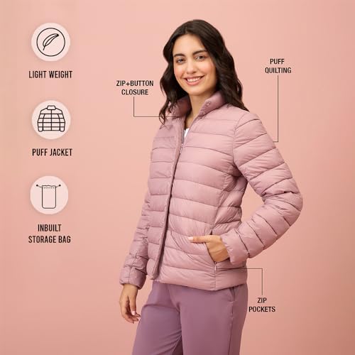 NYKD By Nykaa Ultra Light Weight Puffer Jacket with Inbuilt Bag (Set of 2)-NYAT405-Blush (M)