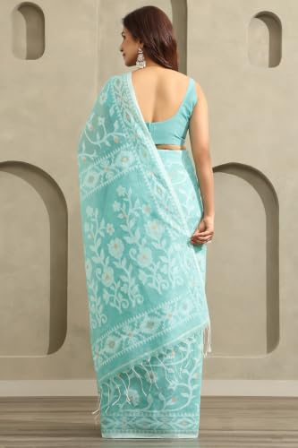 Soch Womens Turquoise Blue Cotton Jamdani Woven Saree