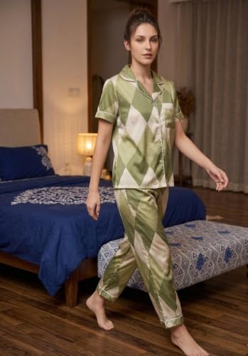 NoHook Korean Style Chest Padded Nightsuit for Women | Modal Silk Button-Down Nightwear Set | Green Diamond Print Co-ord Sleepwear, S