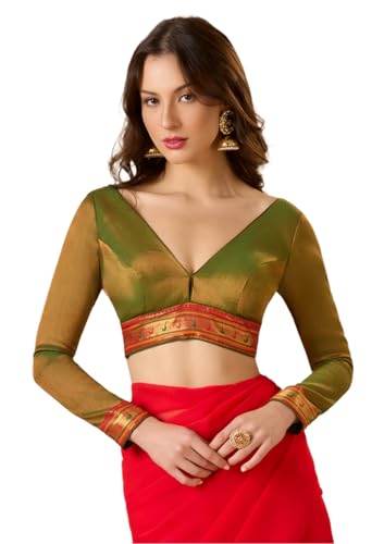 S SALWAR STUDIO Green Cotton Tissue V Neck Full Sleeves Readymade Blouse with Paithani Lace Border