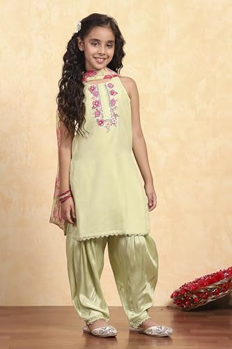 BIBA Girl's Sea Green Polyester Straight Solid Suit Set