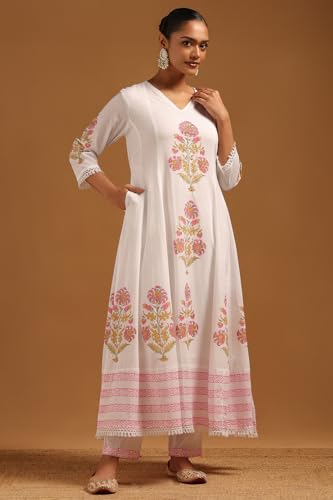 Soch Womens Off White Cotton Floral Print Suit Set With Beads