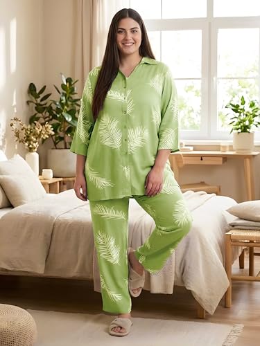 Indietoga Women Green Leaf Print Rayon Shirt and Pyjamas Nightsuit (PS50001466_Green Printed_6XL)