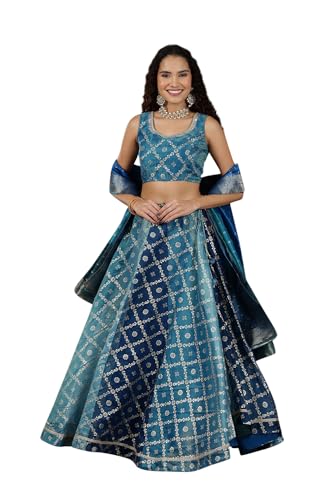 Aurelia Women's Blue Printed Zari Embroidered Crop Top, Brocade Flared Skirt and Dupatta Set