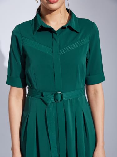 Latin Quarters Women Green Collared Half Sleeves Solid A-Line Shirt Dress for Casual Wear