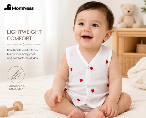 MomNess Baby Muslin Jabla Vest, 100% Pure Muslin Cotton, Newborn Cotton Jabla, Baby Dress, Soft, Infant Dress (White with Multicolour Prints 3-6M)
