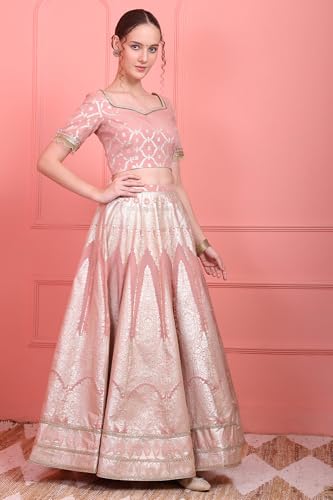 Wishful Women's Pink Embroidered Jacquard Blouse, Flared Lehenga and Dupatta Set (Size: XL)-SP12575-314276