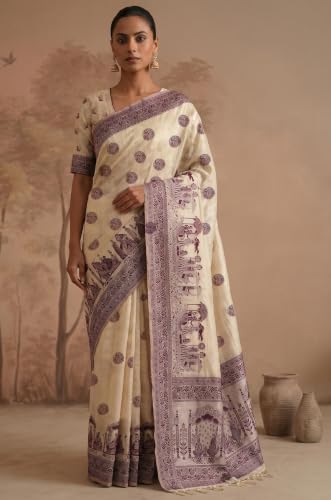 Label Aarna Women's Wine Cotton Saree with Unstitched Blouse Piece | Woven | Traditional Weave Borders | Workwear Saree