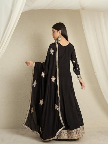 Shampysky Women's Black Chinon Stitched Gown With Dupatta Full Sleeve Embroidered Anarkali Gown (SSY-1230-Black-XXL)