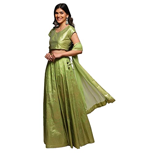 BIBA Tafetta Silk Women Printed Flared Salwar Kurta Dupatta(Skdsummer S8500_Lgreen_42), Lehenga Choli Set, Readymade