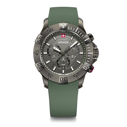 WENGER Seaforce Chrono Swiss Made 43 mm, Black Dial, Green Silicone Strap, Men's Watch - 01.0643.127