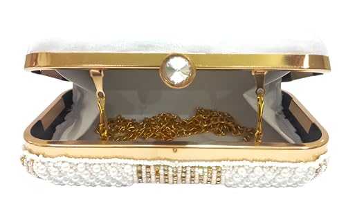 Amerie Fashions Women & Girls Embroidered White Pearl Nag Chain Beaded Clutch Purse for Party Wedding