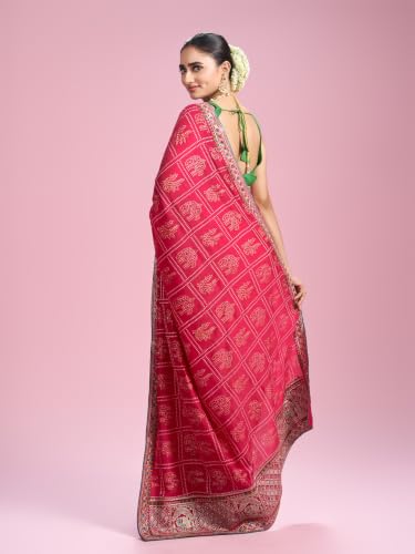 MOHEY Women's Chinon Printed, Stone Work & Thread Work Saree with Blouse Piece (Pink)