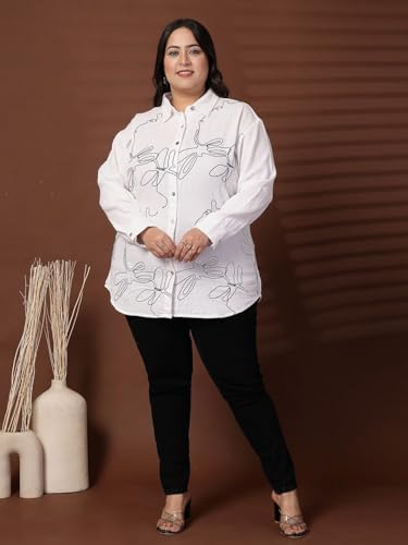Women Plus Size Abstract Printed Monochrome Cotton Casual Shirt (FSTP23579-WHITE-3XL)