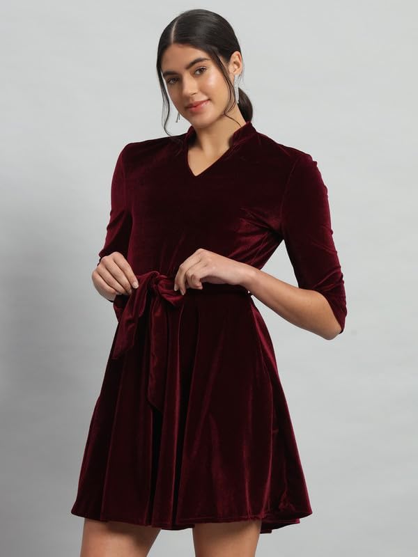 Vaararo Velvet Fit & Flare Mini Dress | Elegant with Belt & Mandarin Neck Sporty Maroon X-Small