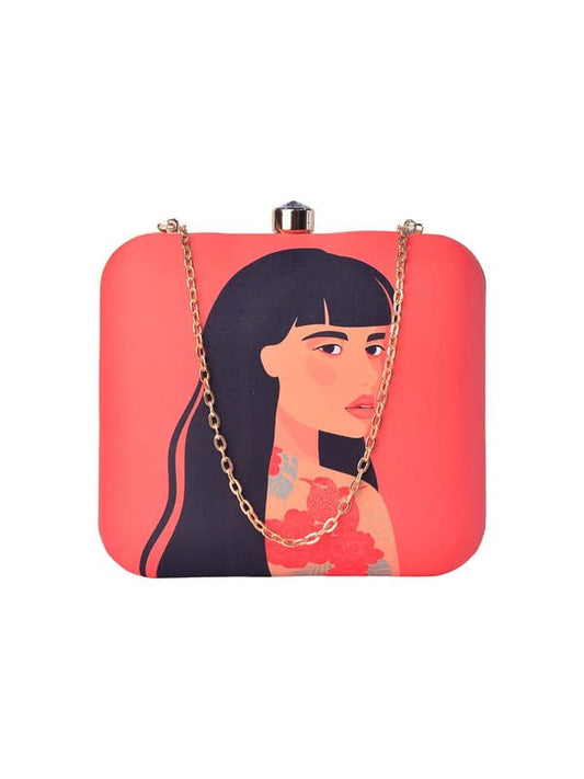 Romantic Red Women Portrait Printed Clutch