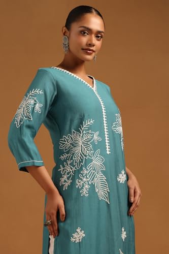 Soch Womens Teal Desert Storm Botanical Kurta with Machine Embroidery and Thread Work