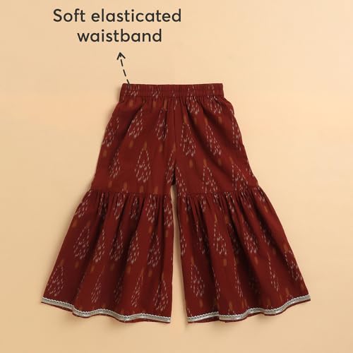 Hopscotch Girls Sleeveless Brown 2-Pc Ikat Sharara Set For Age (9-10 Years)