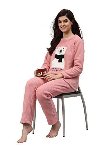 Sweet Dreams Women Applique Polar Fleece Round Neck Full Sleeve Winter Tracksuit (Night Suit)-Pink