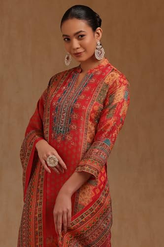 Soch Womens Fuchsia Shimmer Ethnic Motifs Suit Set With Stone Work