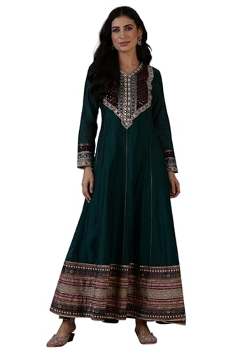 W for Woman Green Flared Chanderi Long Ethnic Dress with Thread Embroidery_24AUW11510-222093_3XL