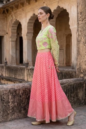 Wishful Women's Pink Mirror Work Embroidered Blouse with Skirt and Dupatta Set - (SP13598-225017-XL)