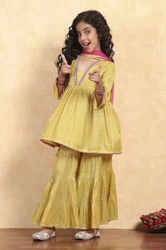 Biba Girl's Green Cotton Dyed Gathered Sharara Suit Set
