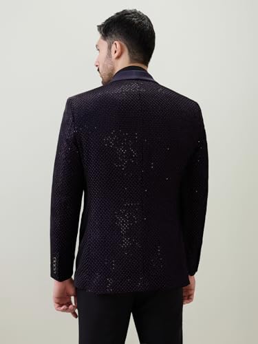 Raymond Men Regular Fit Structure Pattern Pure Polyester Shawl Collar Full Sleeve Ceremonial Suit Violet