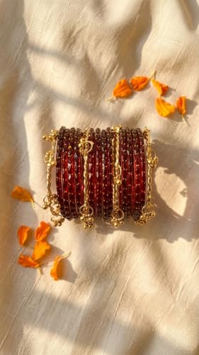 Kashmiri Ghangharoo Glass Bangles Set for Women | Light Weight Bangles | Traditional Transparent Fancy Glass Chudi Set for Wedding, Party(Set Of 16) Mahroon colour