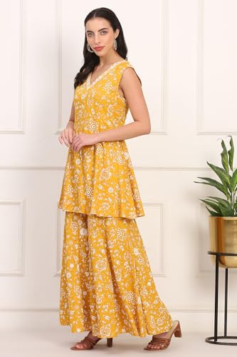 W for Woman Floral Printed Embroidered Neck Flared Kurta, Sharara and Dupatta Set (Size: S)-WS12733-125817