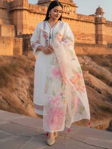 INDO ERA Women's Cotton Blend Embroidered Thread Work A-Line Kurta & Pant with Dupatta Set (X-Large) | Pure Cotton Kurta Set For Women With Dupatta