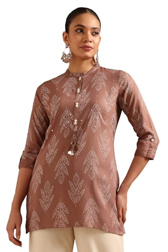 Soch Womens Brown Viscose Bandhani Tunic with Faux Mirror